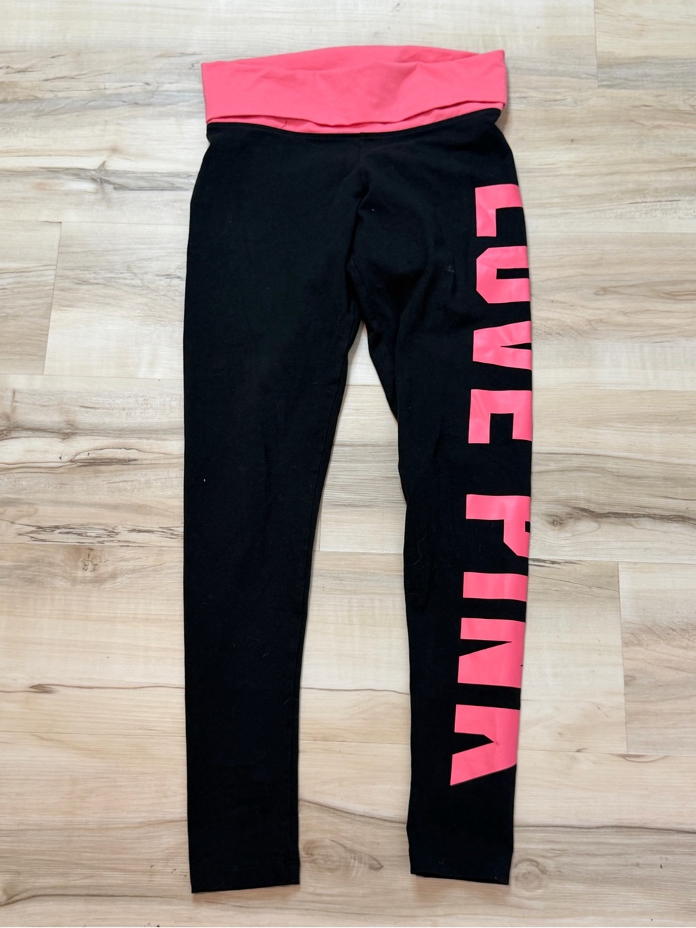 Women’s Black Victoria Secret Leggings with Pink Fold-Over Waistband and Side Lo